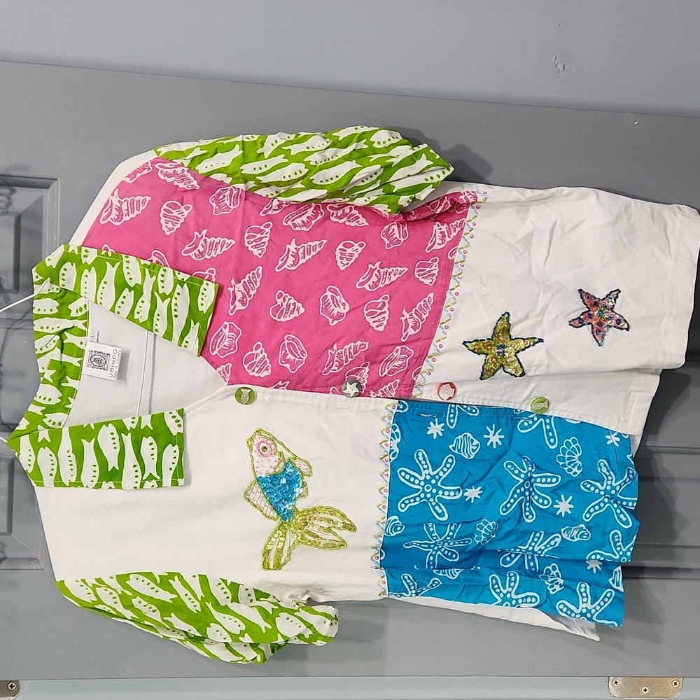 Usindo Sequin Beads Tropical Fish Starfish Seashells Top Pink Blue Green White